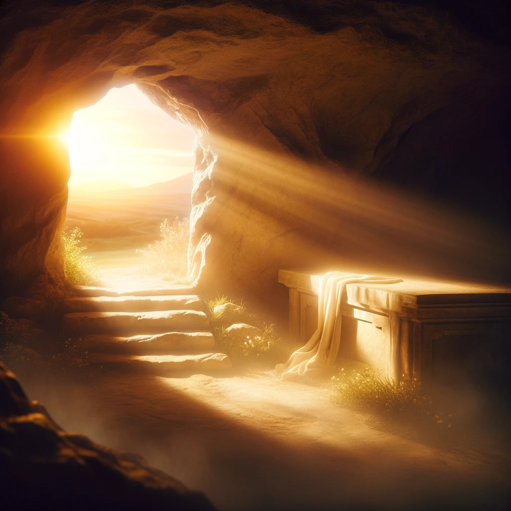 DALL·E 2024-03-31 10.06.27 - An empty tomb bathed in the light of the morning sunrise. The scene is peaceful and sacred, with the first rays of the sun illuminating the entrance o